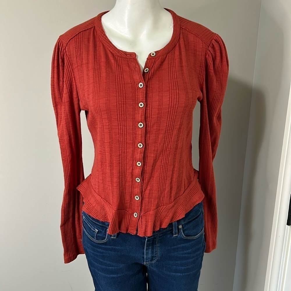 Pilcro Anthropologie Rust Red Button Up Ribbed Puff Sleeve Cardigan Top Sz S - Picture 3 of 15